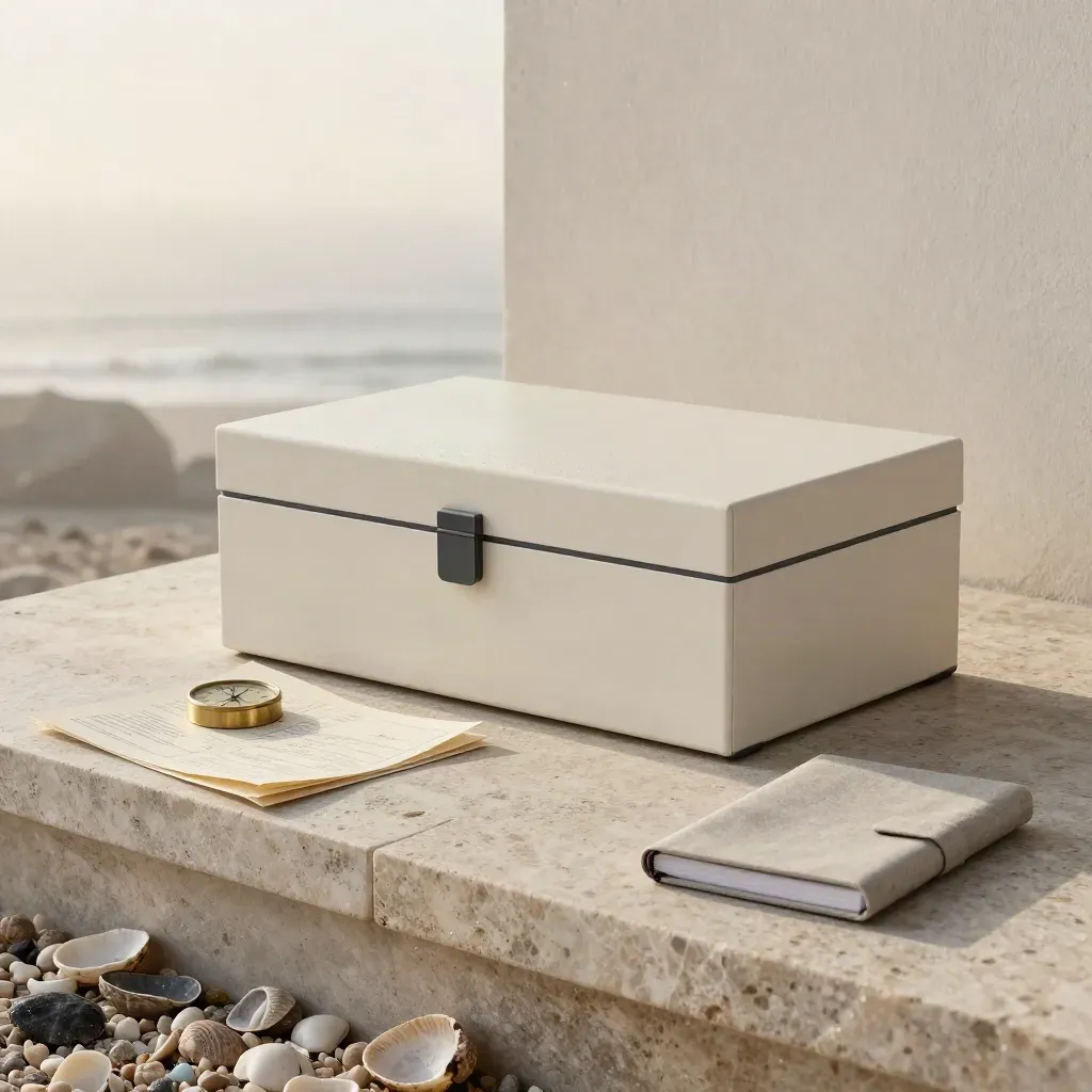 Dossier creativo avorio con dettagli in ottone su pietra chiara, luce marina all’alba.