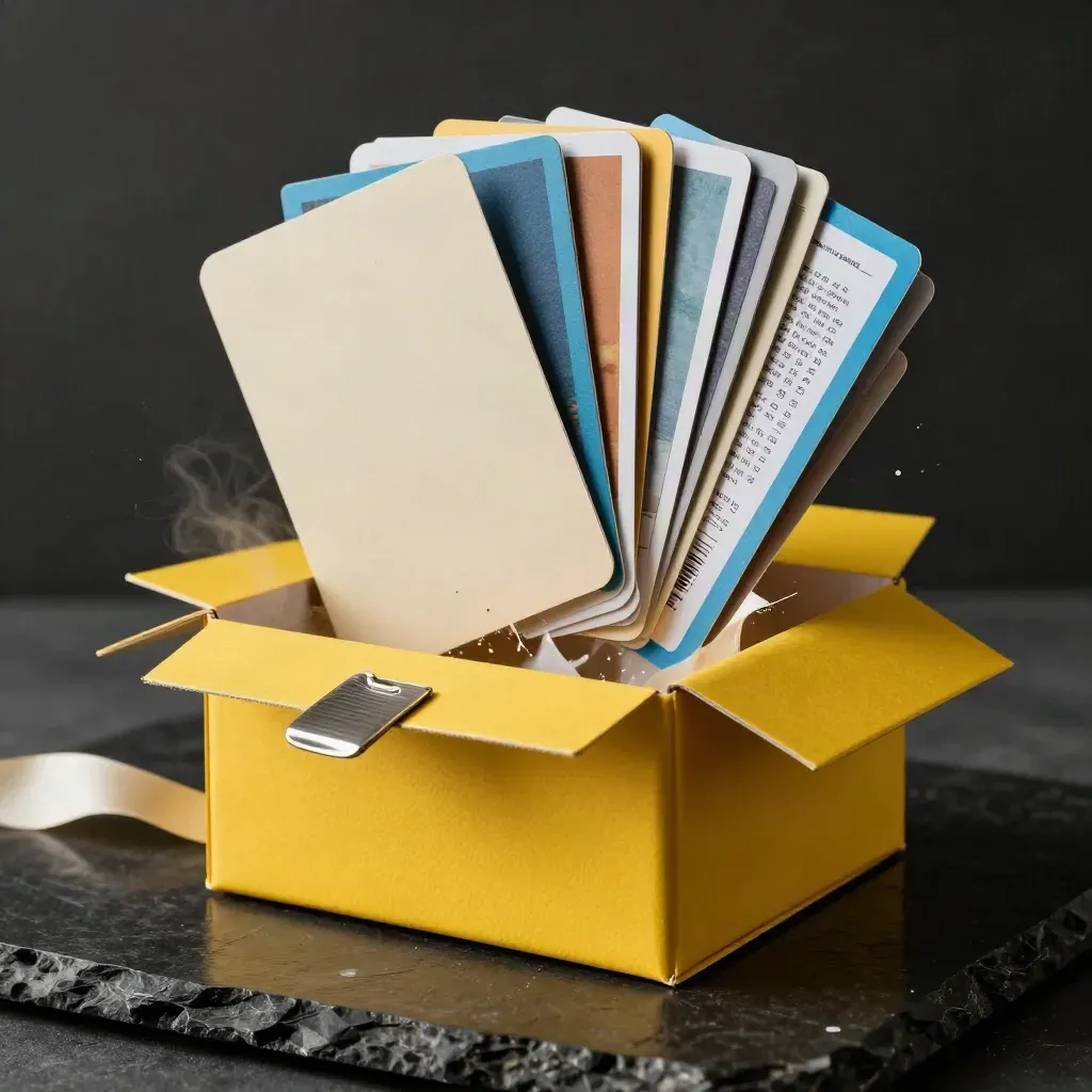 Box giallo con carte blu che si aprono, in uno still life pubblicitario su fondo scuro.